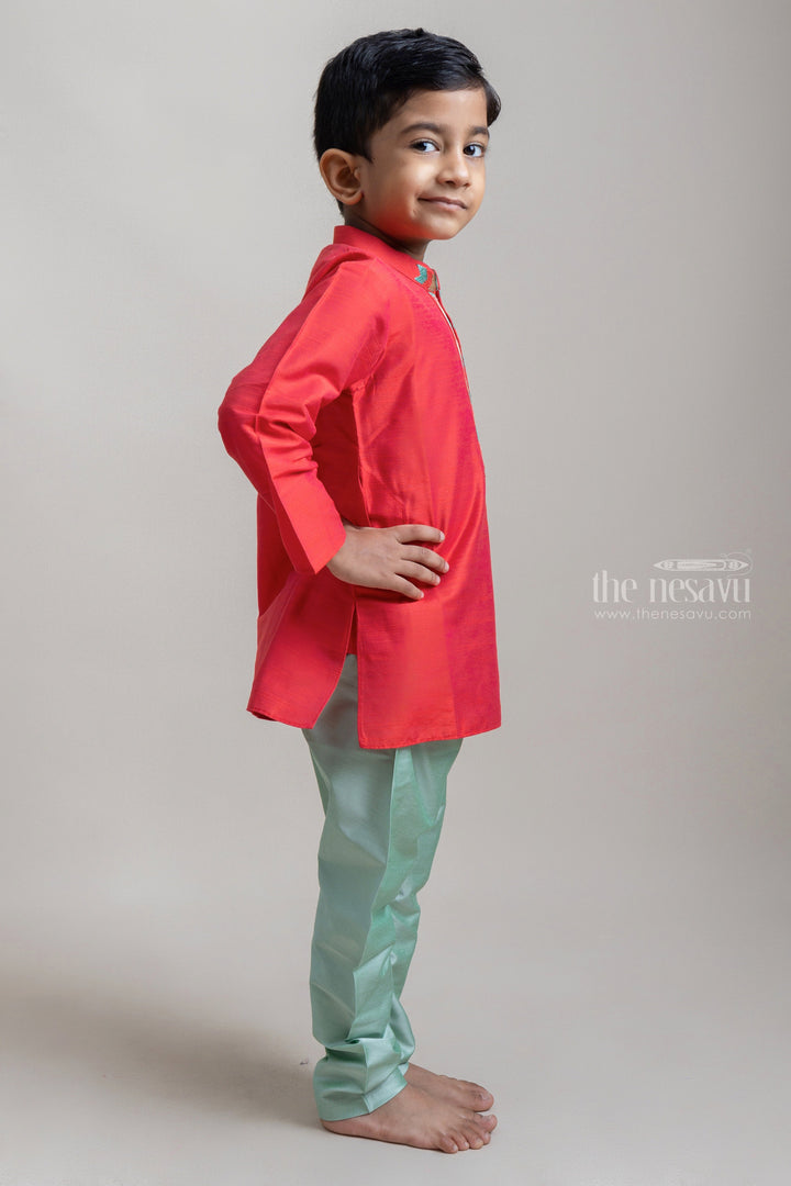 The Nesavu Ethnic Sets Traditional Embroidered Colour Block Red Kurta With Green Pant For Boys psr silks Nesavu