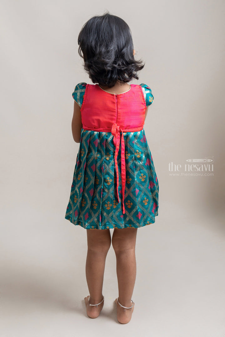 The Nesavu Silk Frocks Traditional Ethnic Pink Yoke And Green Designer Pleated Semi-Silk Frock For Girls psr silks Nesavu