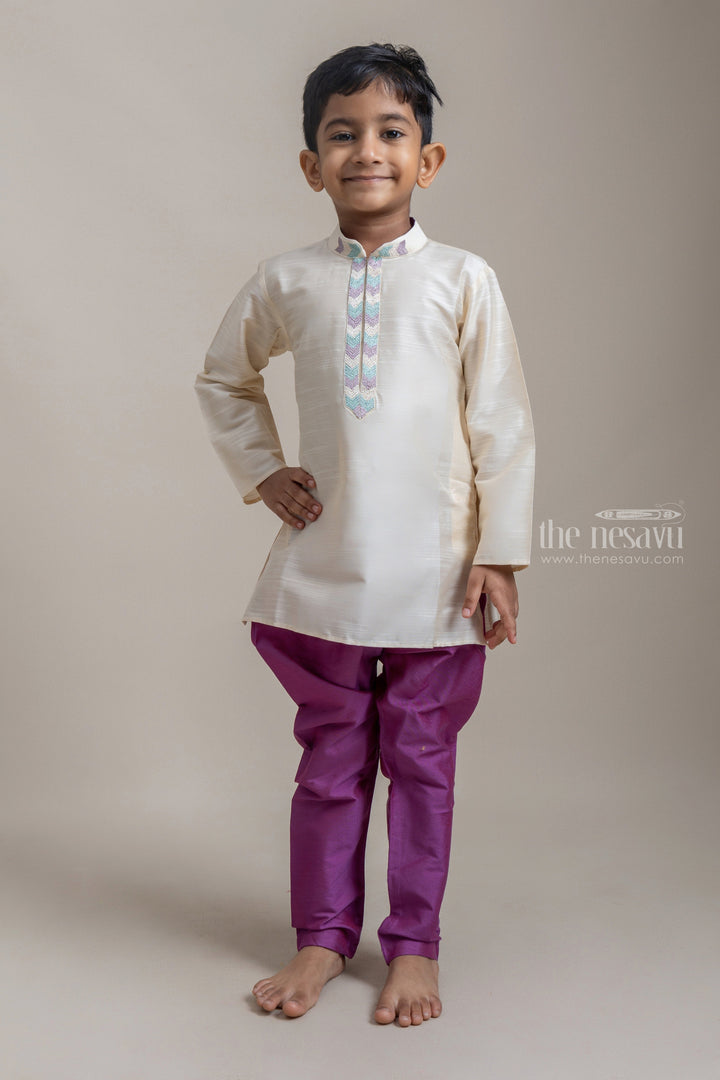 The Nesavu Ethnic Sets Traditional Geometric Embroidered Beige Kurta With Purple Pant For Boys psr silks Nesavu 12 (3M) / Beige BES319A