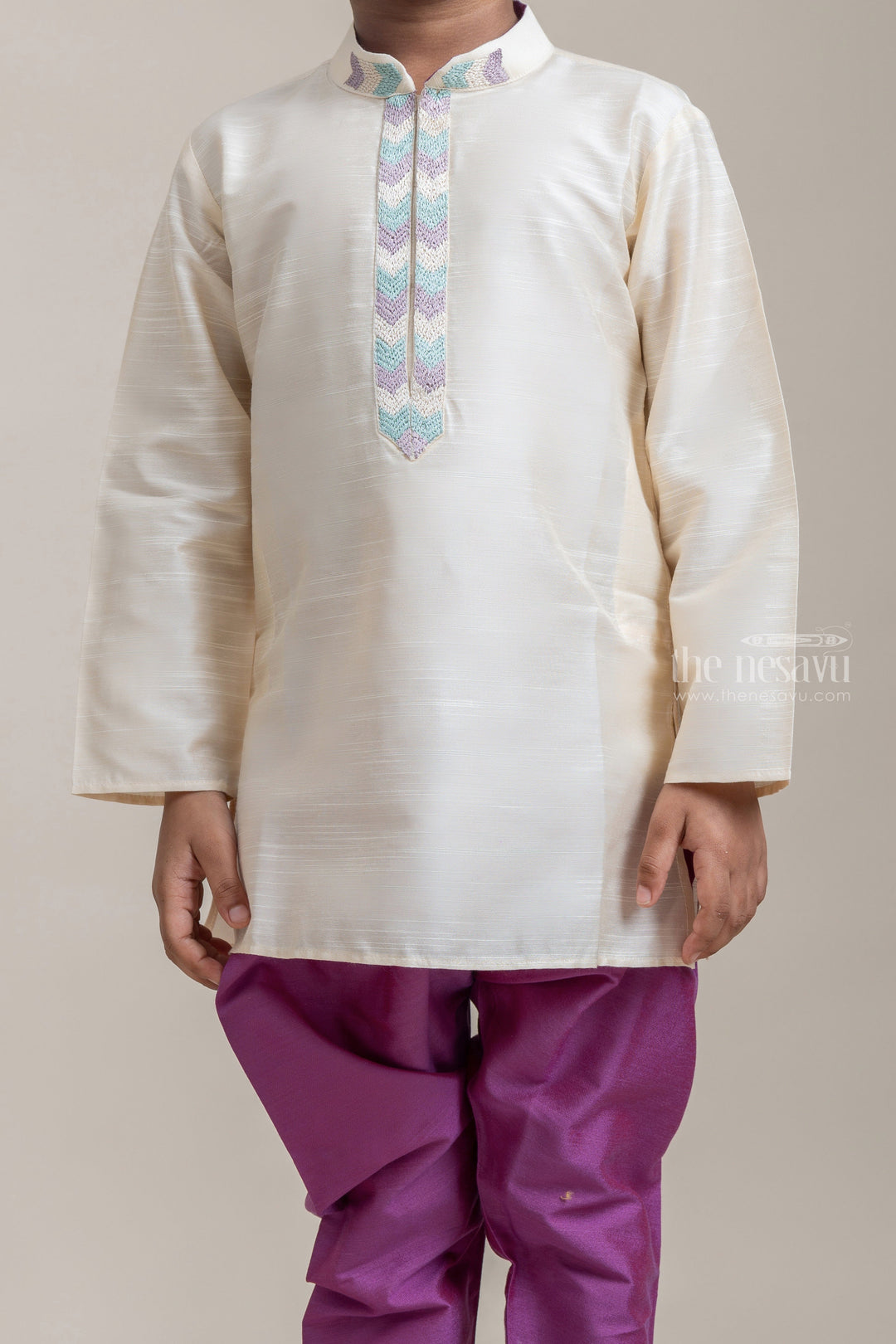The Nesavu Ethnic Sets Traditional Geometric Embroidered Beige Kurta With Purple Pant For Boys psr silks Nesavu