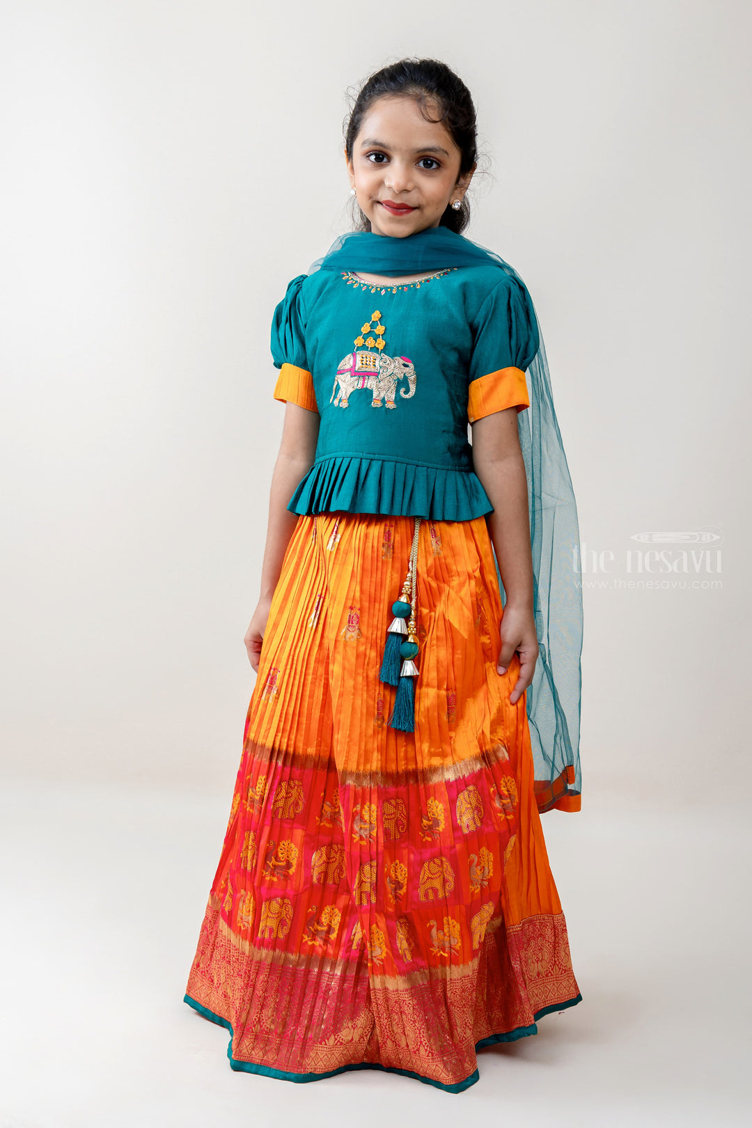 The Nesavu Lehenga & Ghagra Traditional Girl - Exclusive Puffed Sleeve Choli With Crushed Crepe Skirt psr silks Nesavu 16 (1Y ) / orange GL288A
