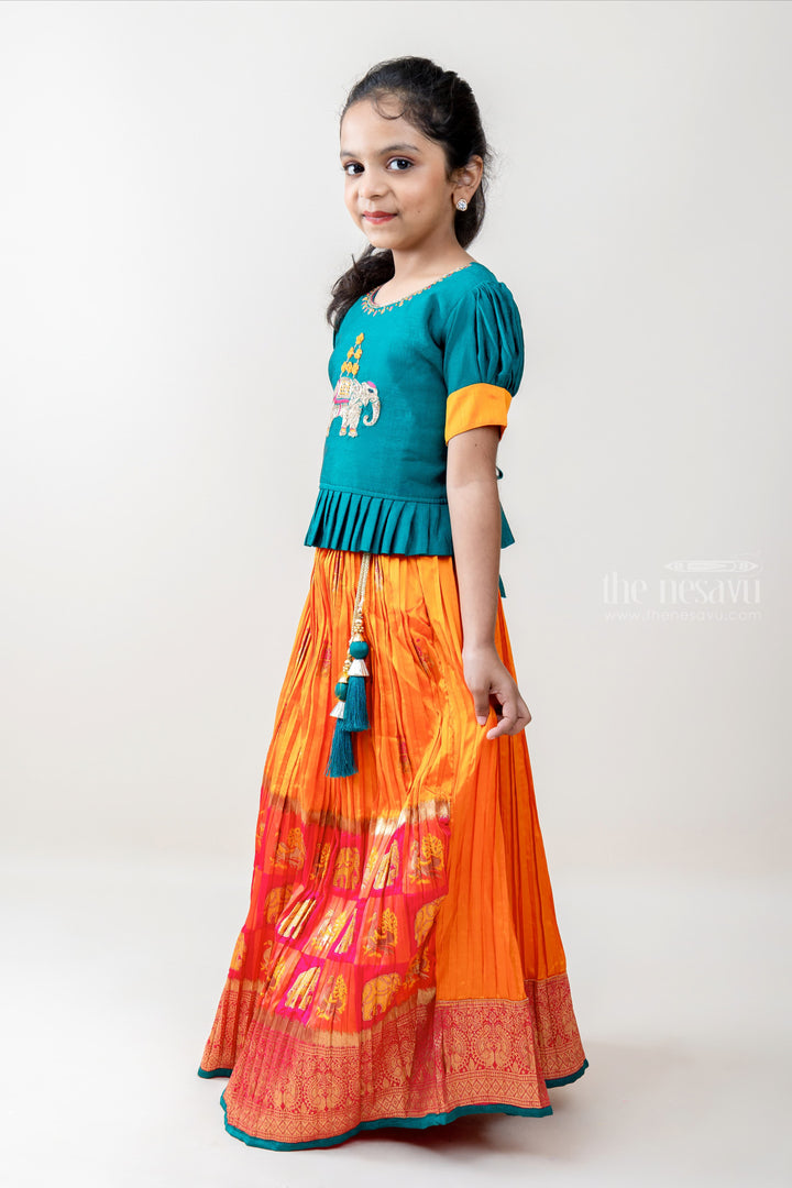 The Nesavu Lehenga & Ghagra Traditional Girl - Exclusive Puffed Sleeve Choli With Crushed Crepe Skirt psr silks Nesavu