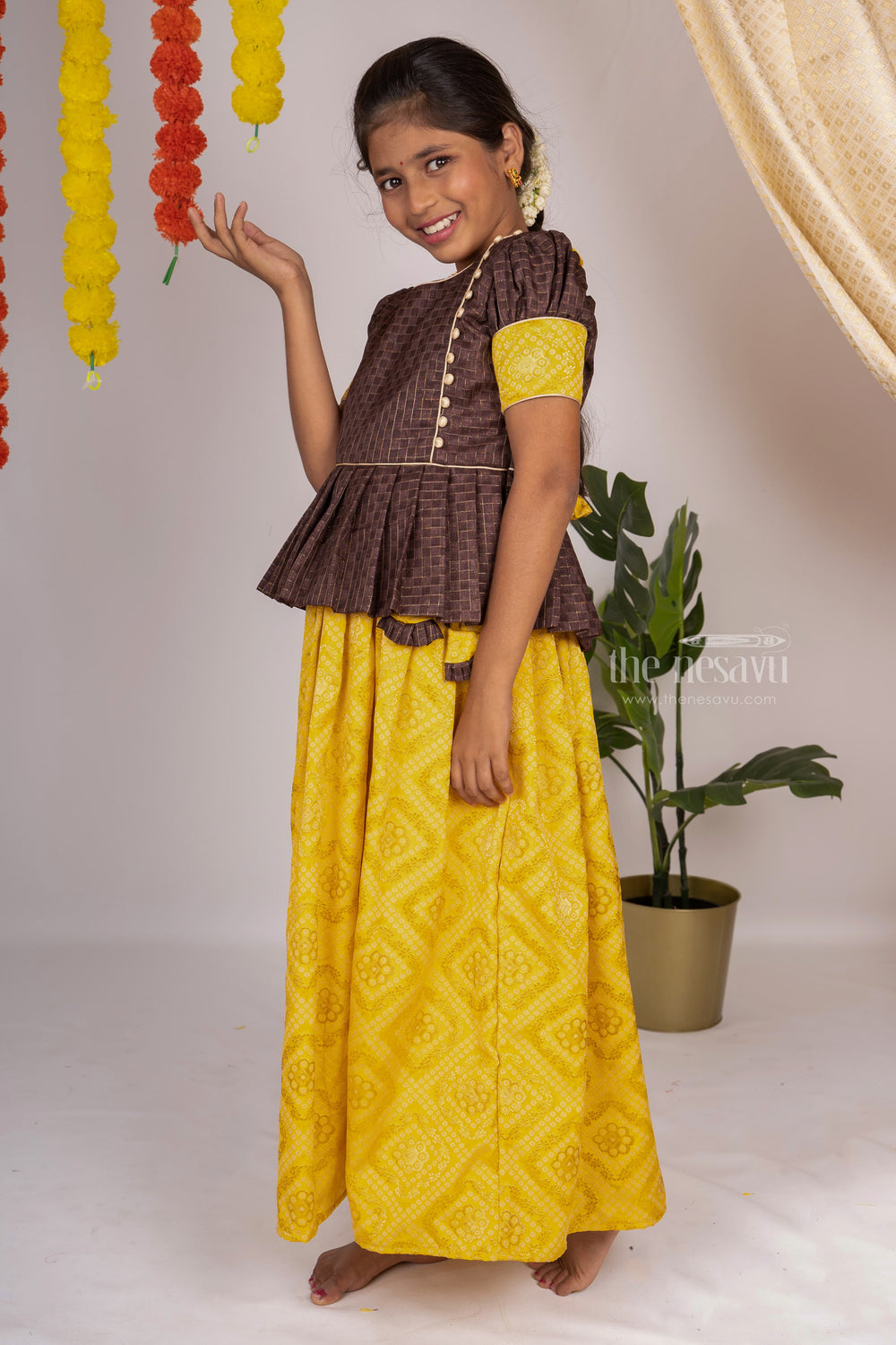 The Nesavu Pattu Pavadai Traditional Yellow With Coffee Brown Peplum Pleated Designer Indian Wear psr silks Nesavu