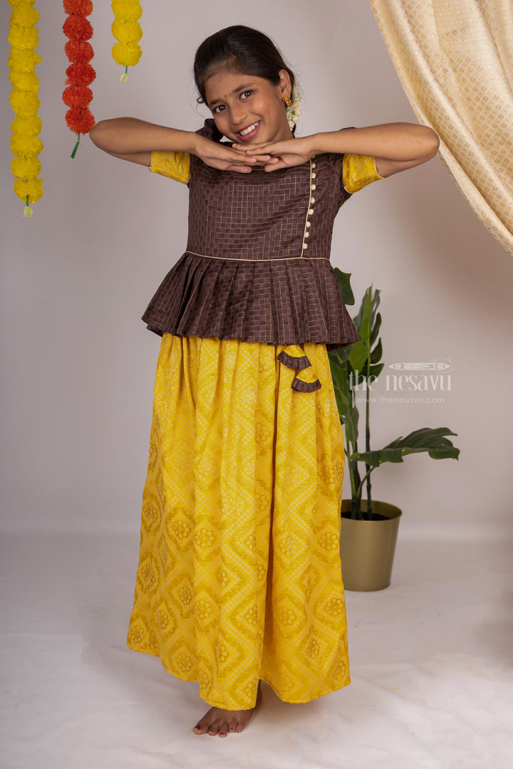The Nesavu Pattu Pavadai Traditional Yellow With Coffee Brown Peplum Pleated Designer Indian Wear psr silks Nesavu