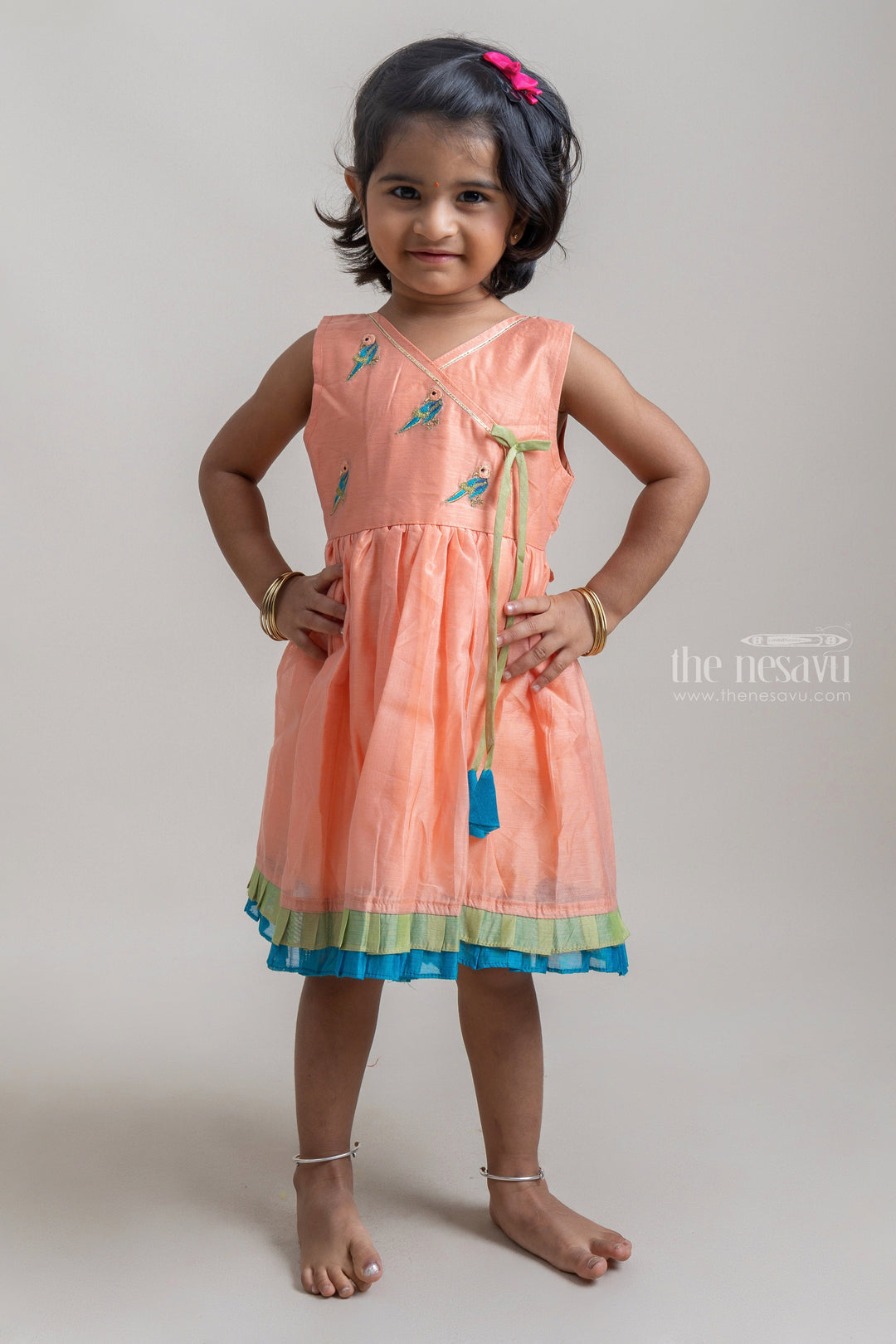 The Nesavu Frocks & Dresses Trendy Orange Sleeveless Parrot Embroidered Cotton Frock For Girls psr silks Nesavu 16 (1Y) / Orange GFC1021A