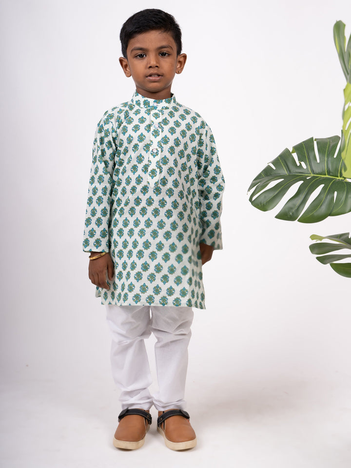 The Nesavu Ethnic Sets Turquoise Block Print Inspired Soft Cotton Boys Ethnic Kurta Set psr silks Nesavu 0(0M-12M) / Turquoise BES101