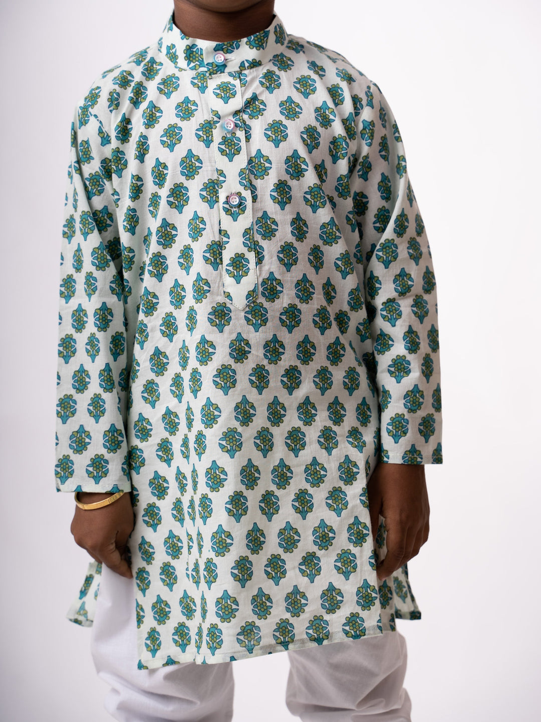 The Nesavu Ethnic Sets Turquoise Block Print Inspired Soft Cotton Boys Ethnic Kurta Set psr silks Nesavu