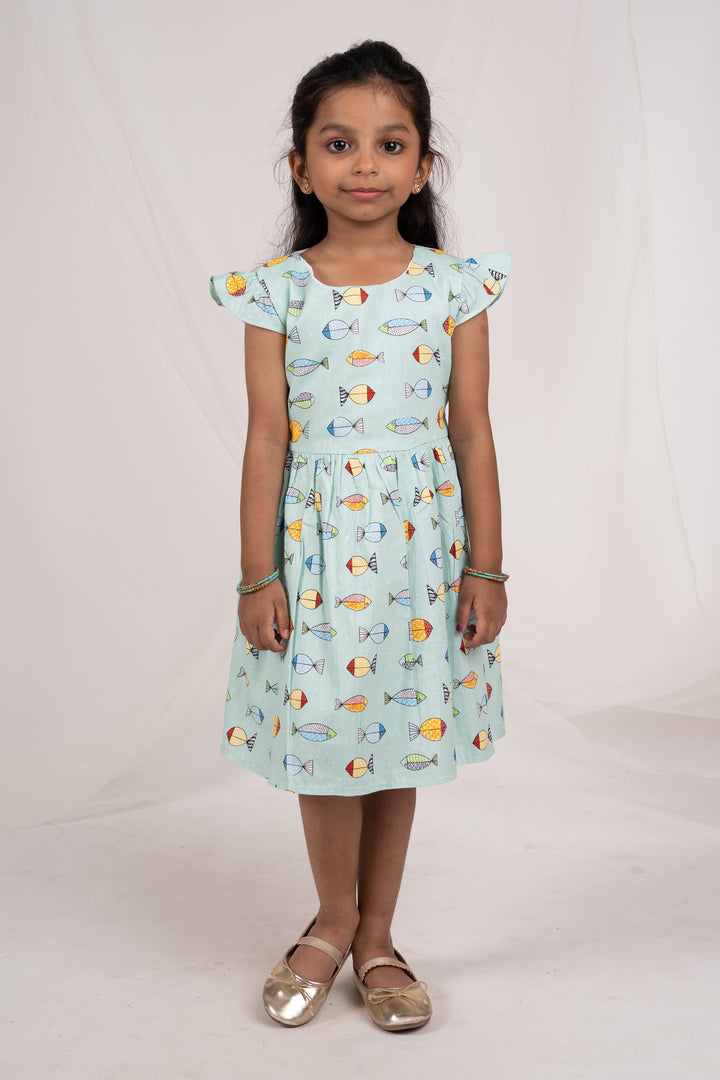 The Nesavu Frocks & Dresses Turquoise Blue Printed Soft Cotton Play Wear For Baby Girls psr silks Nesavu 16 (1Y) / seagreen GFC818