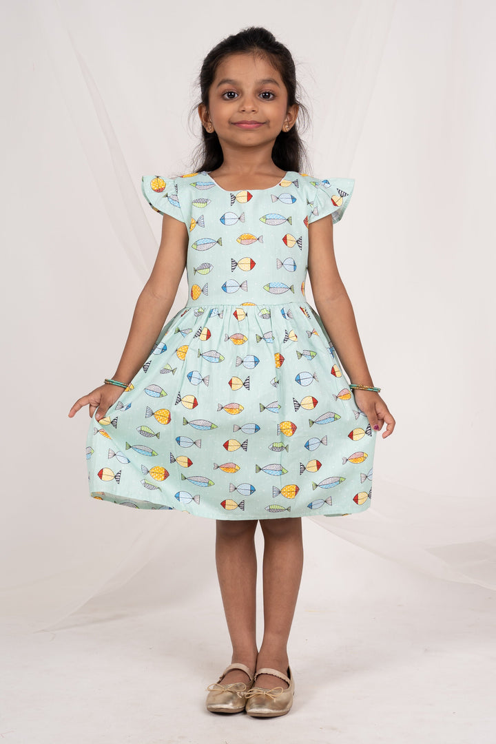 The Nesavu Frocks & Dresses Turquoise Blue Printed Soft Cotton Play Wear For Baby Girls psr silks Nesavu