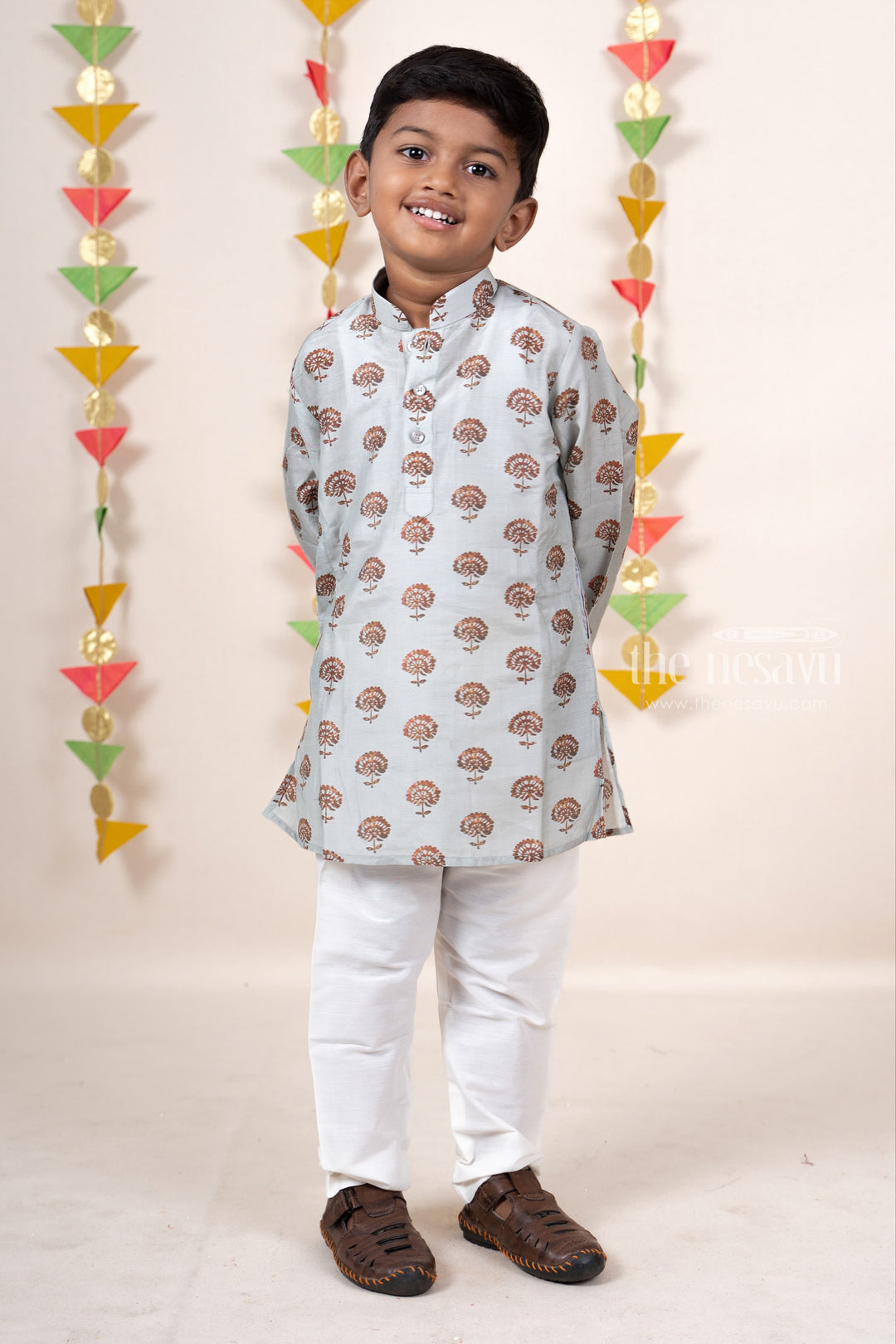 The Nesavu Ethnic Sets Turquoise Mugal Hand Block Floral Printed Boys Ethnic Kurta Set psr silks Nesavu 14 (6M) / darkseagreen BES75