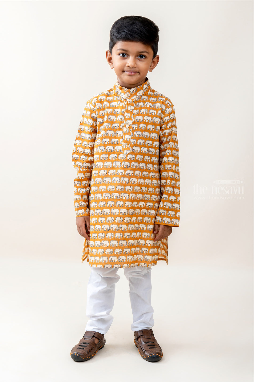 The Nesavu Ethnic Sets Tusker Buddy - Dark Mustard Yellow Shirt And Pure Cotton Pants psr silks Nesavu 14 (6M) / Peru BES229A