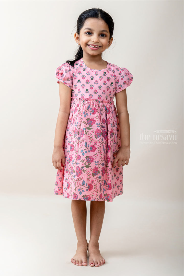 The Nesavu Frocks & Dresses Unique Lavender Printed Cotton Gown For Baby Girls With Puff Sleeve psr silks Nesavu 16 (1Y ) / pink GFC947A