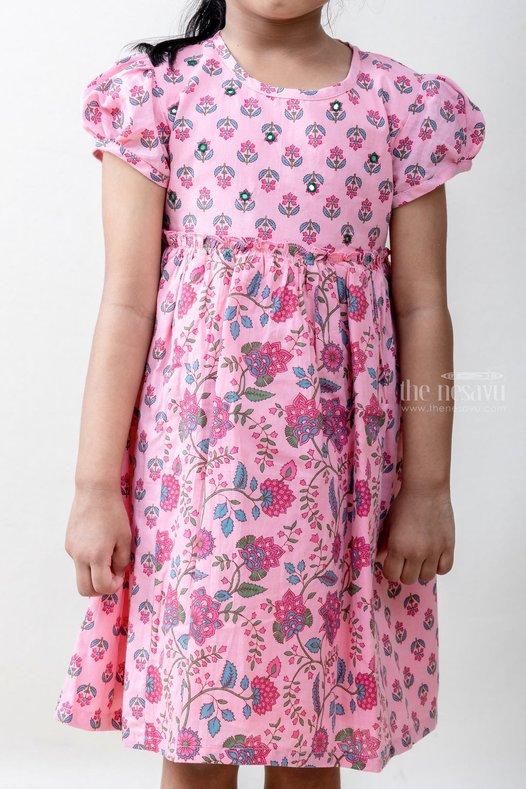 The Nesavu Frocks & Dresses Unique Lavender Printed Cotton Gown For Baby Girls With Puff Sleeve psr silks Nesavu