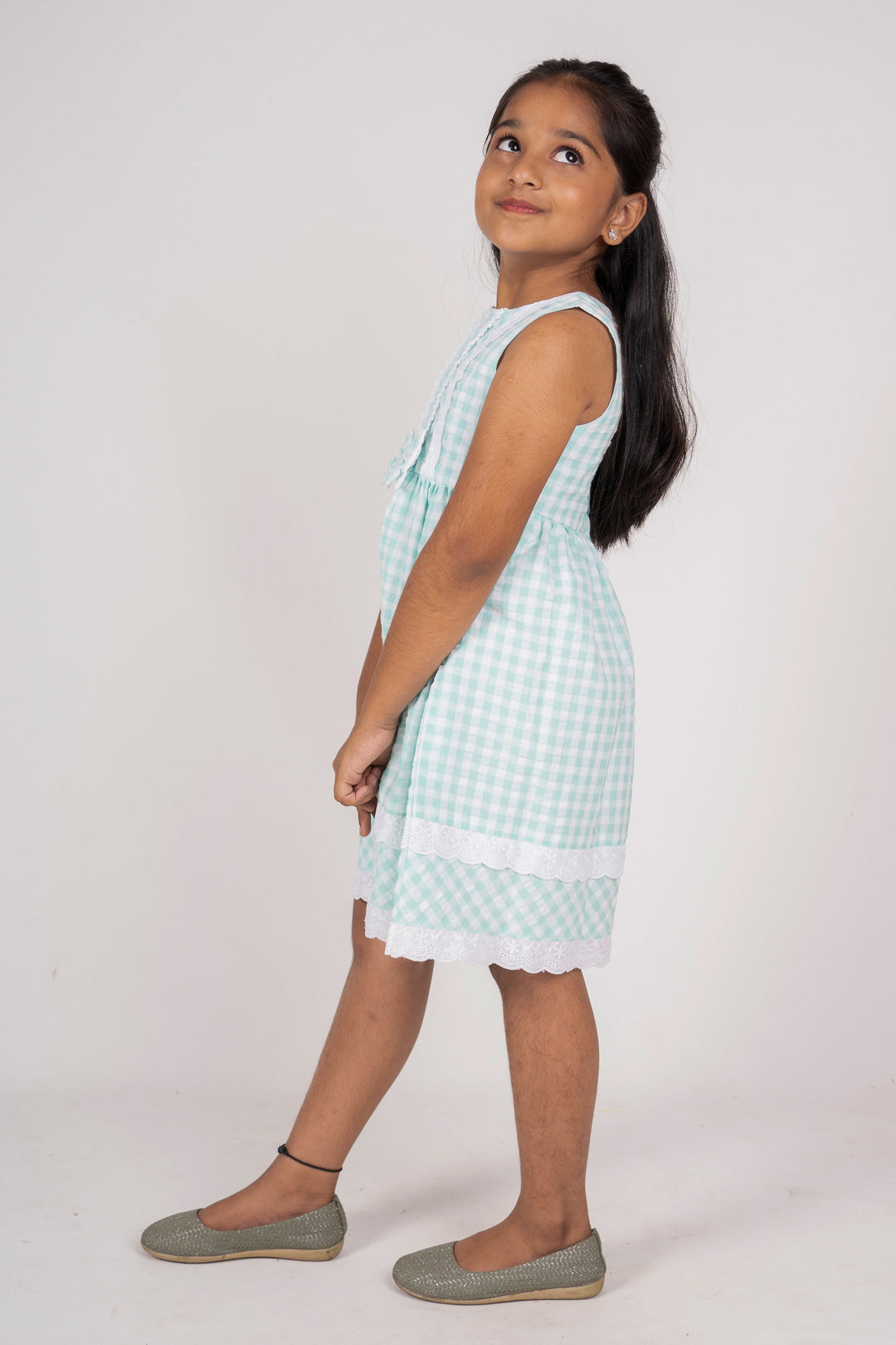 The Nesavu Frocks & Dresses White Checked Cotton Gown With Lace Trims And Bow For Girls psr silks Nesavu