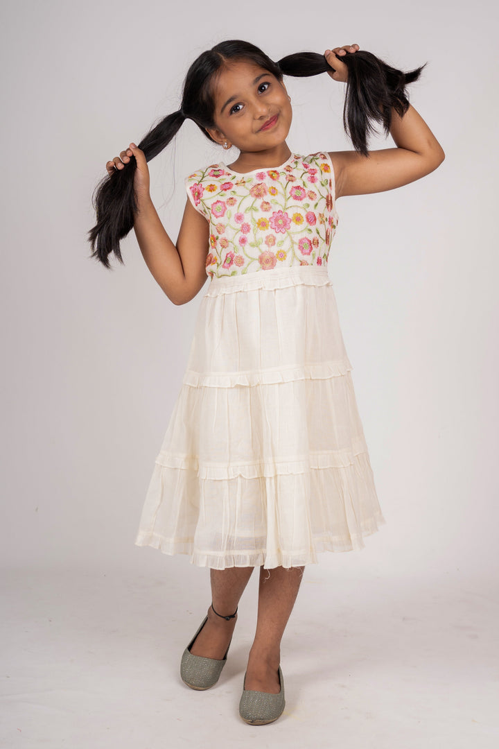 The Nesavu Frocks & Dresses White Cotton Frocks with Floral Embroidery for Little Girls psr silks Nesavu
