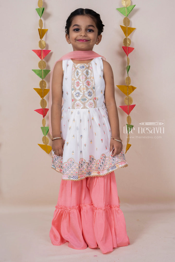 The Nesavu Sets & Suits White Designer Top with Pink Palazzo Pant for girls psr silks Nesavu 16 (1Y) / White GPS047