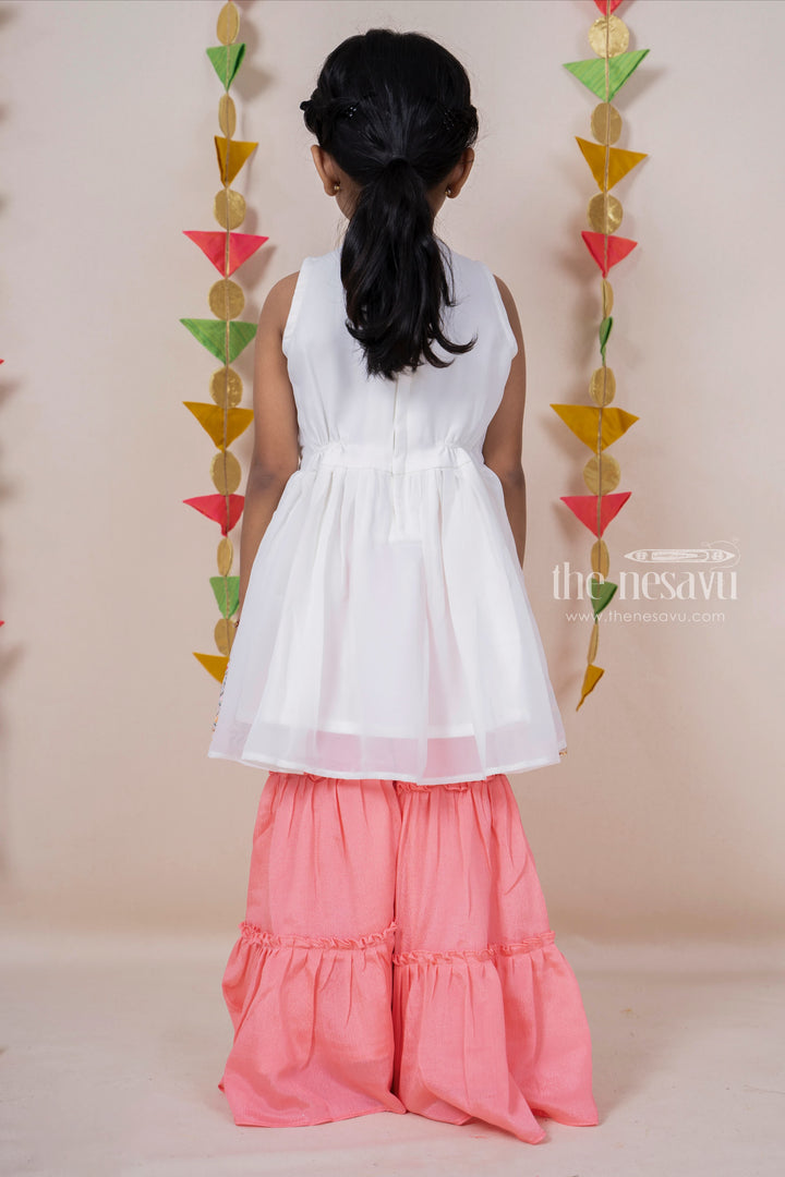 The Nesavu Sets & Suits White Designer Top with Pink Palazzo Pant for girls psr silks Nesavu