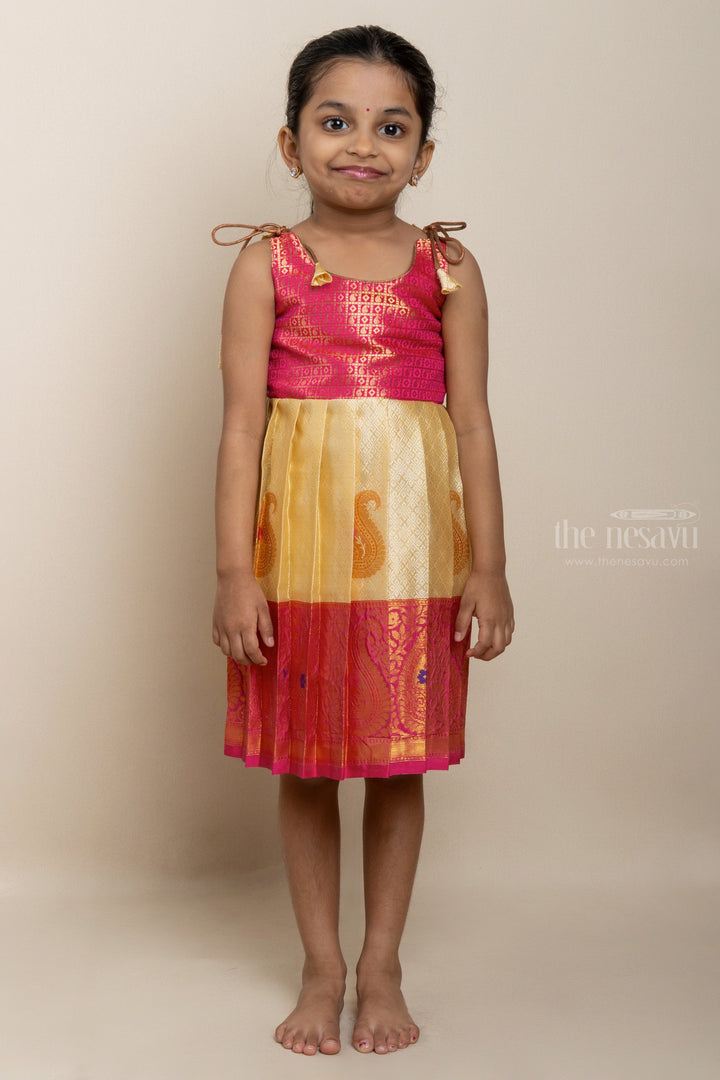 The Nesavu Tie-up Frock White With Pink Korva Border Tie-Up Silk Gown For New Born Baby Girls psr silks Nesavu 12 (3M) / Pink T241B