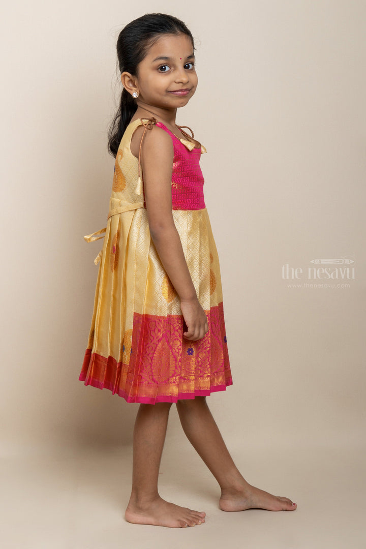 The Nesavu Tie-up Frock White With Pink Korva Border Tie-Up Silk Gown For New Born Baby Girls psr silks Nesavu