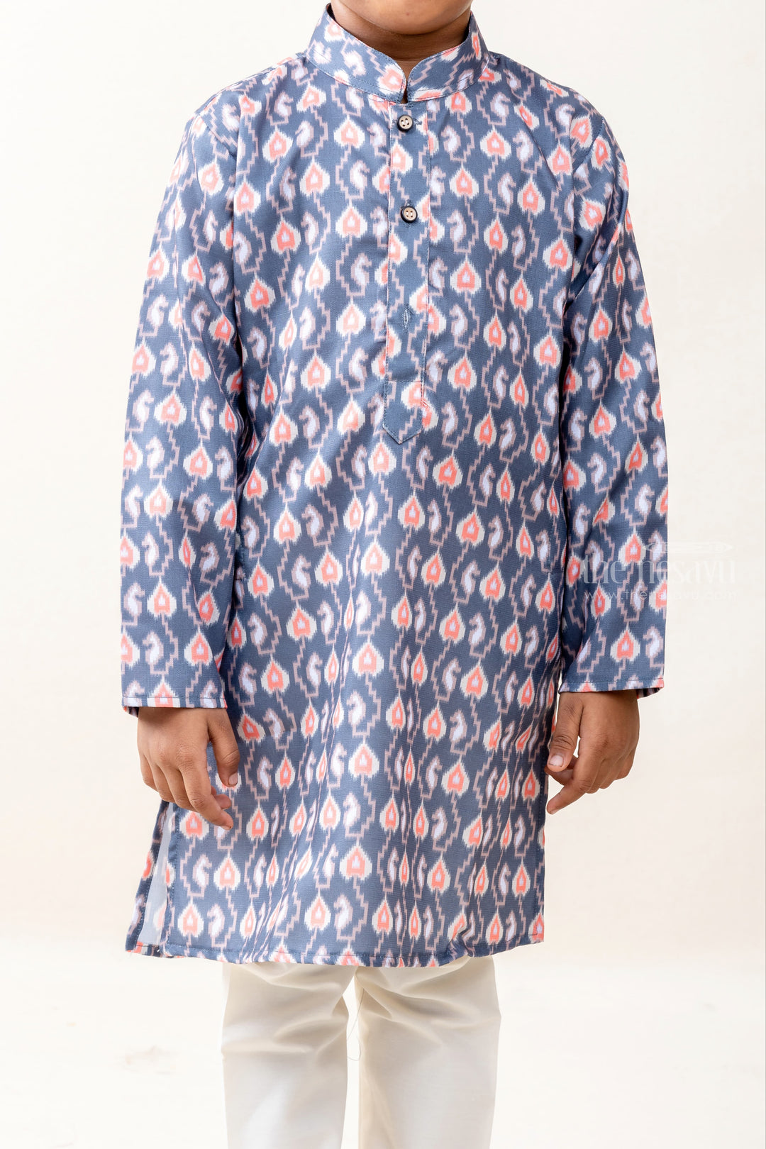 The Nesavu Ethnic Sets Wiggle and Waggle Print - Deep Blue Shirt Dueted With White Pants psr silks Nesavu