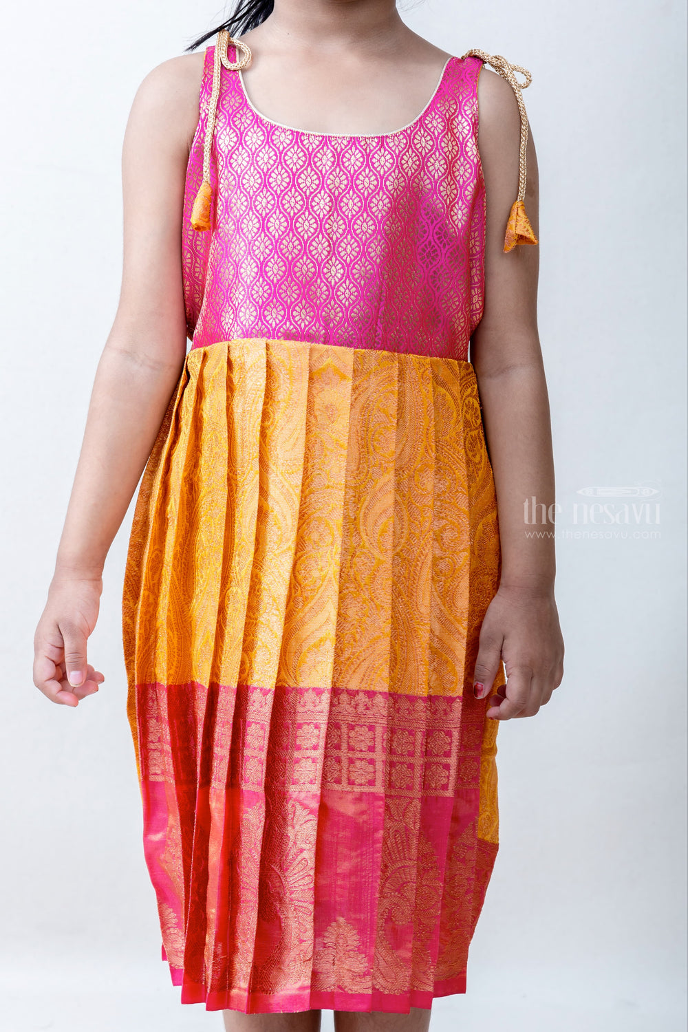 The Nesavu Tie-up Frock Yellow and Pink Traditional Banarasi Silk Tie-up Frock psr silks Nesavu