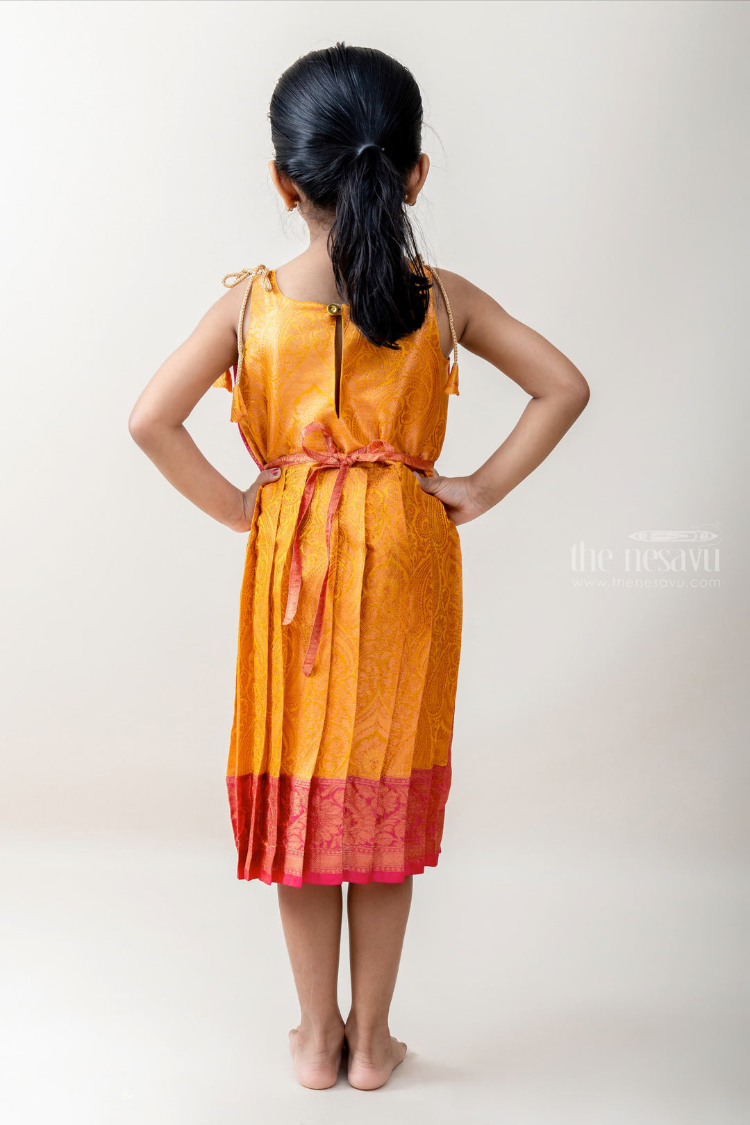 The Nesavu Tie-up Frock Yellow and Pink Traditional Banarasi Silk Tie-up Frock psr silks Nesavu