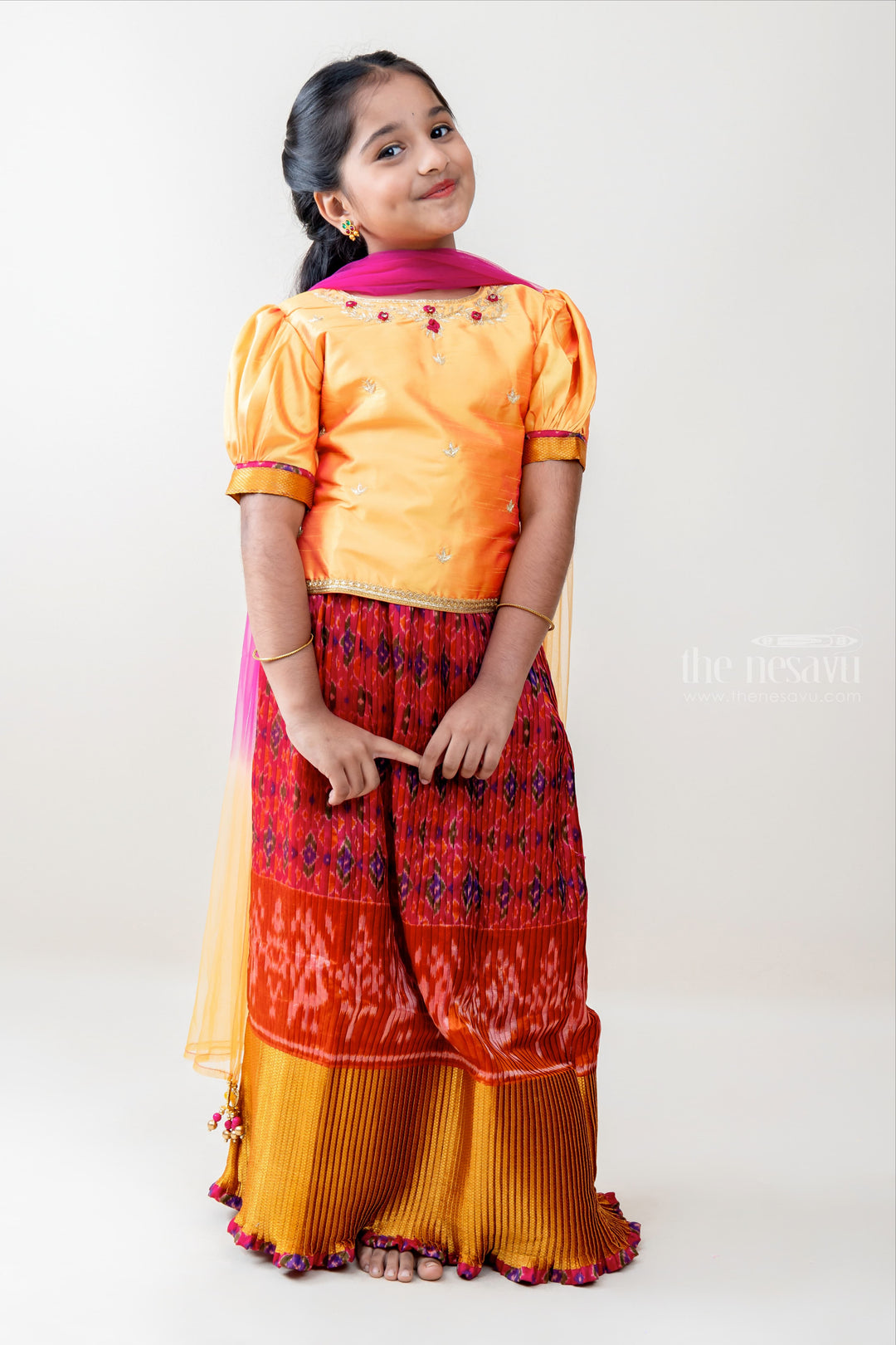 The Nesavu Lehenga & Ghagra Yellow Crop with Crushed Designer Skirt lehenga Choli psr silks Nesavu 16 (1Y ) / Red GL307