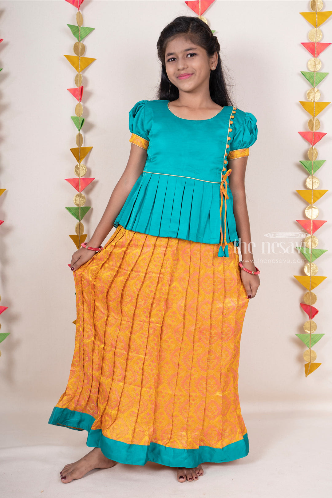 The Nesavu Pattu Pavadai Yellow Designer Jacquard SIlk Pattu Langa Voni For Baby Girls psr silks Nesavu 14 (6M) / Beige GPP216