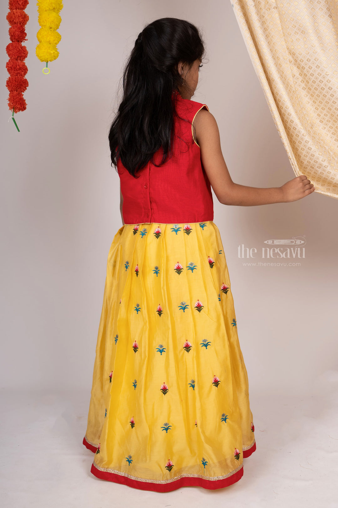 The Nesavu Lehenga & Ghagra Yellow Embroidery Lehenga With Red Pin-Tucked Collar Top psr silks Nesavu
