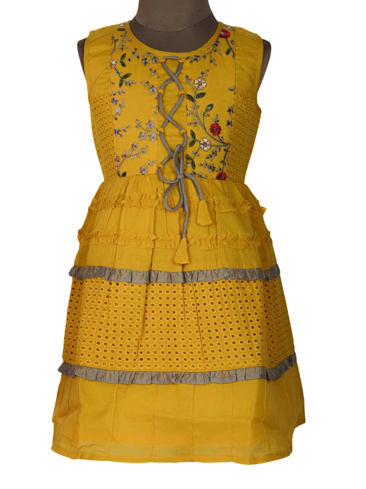 The Nesavu Frocks & Dresses Yellow Eyelet Lace Cotton Dress With Stylish Tie In Yoke for Girls psr silks Nesavu 16 (1Y-2Y) / gold GFC472