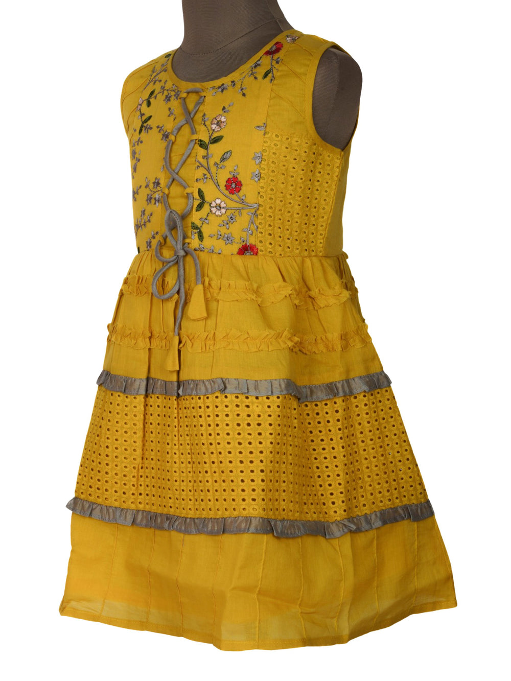 The Nesavu Frocks & Dresses Yellow Eyelet Lace Cotton Dress With Stylish Tie In Yoke for Girls psr silks Nesavu