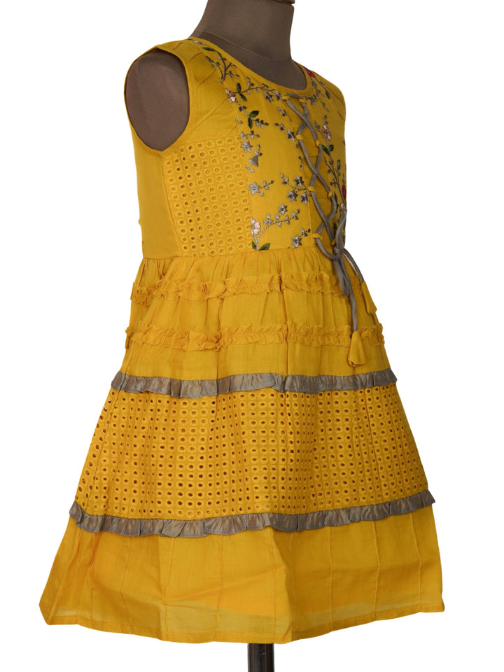 The Nesavu Frocks & Dresses Yellow Eyelet Lace Cotton Dress With Stylish Tie In Yoke for Girls psr silks Nesavu