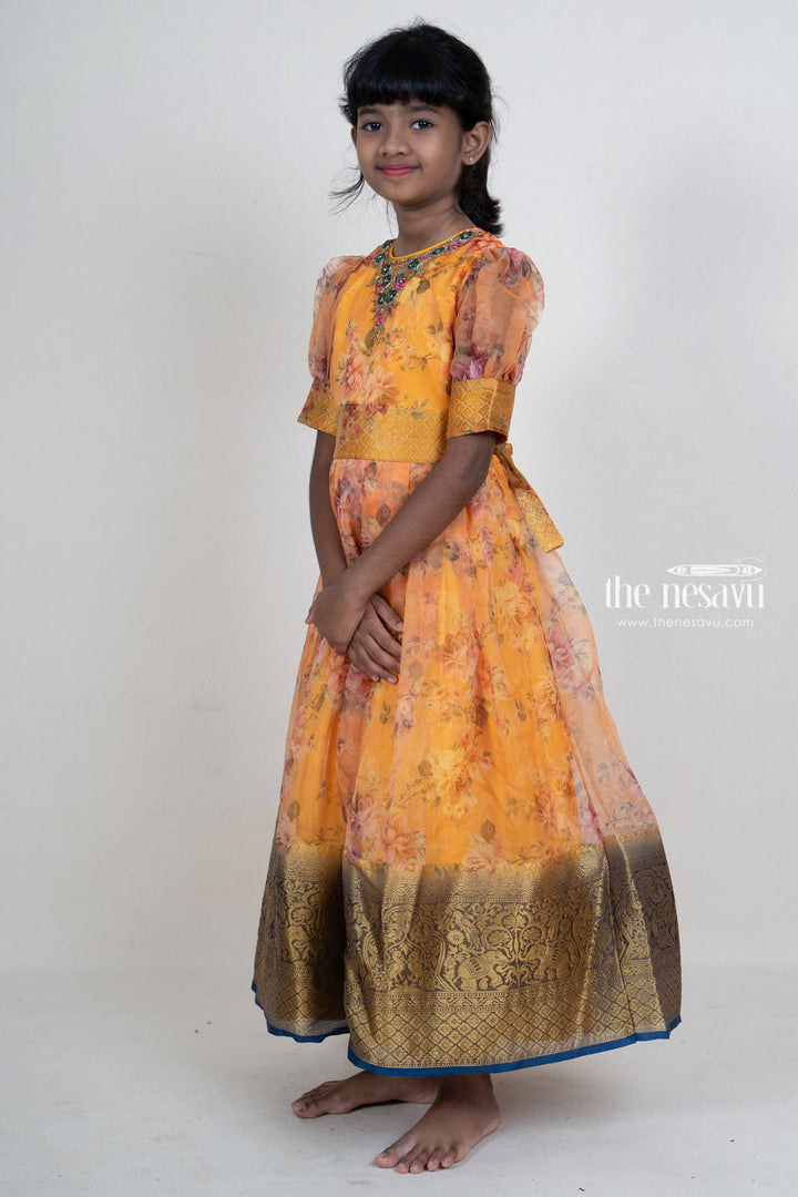 The Nesavu Kids Anarkali Yellow Floral Organza Hand Embroidery Silk Cotton Anarkali For Girls psr silks Nesavu 18 (2Y) / Yellow GA116