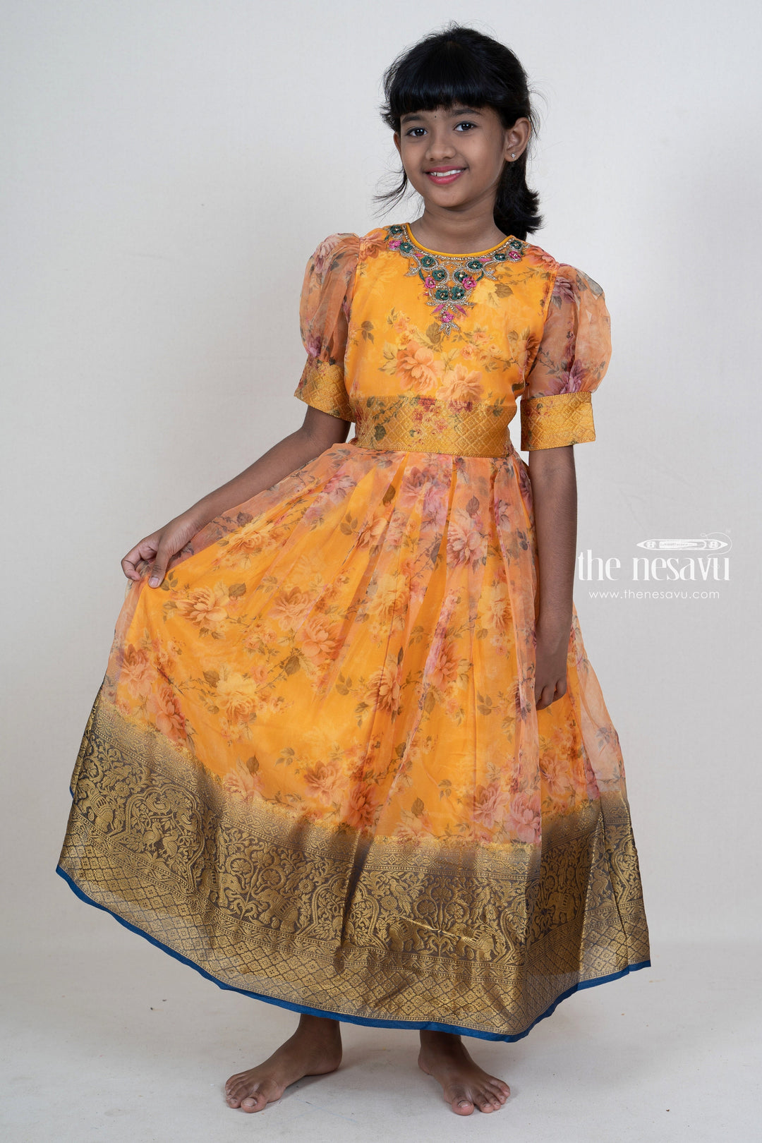 The Nesavu Kids Anarkali Yellow Floral Organza Hand Embroidery Silk Cotton Anarkali For Girls psr silks Nesavu