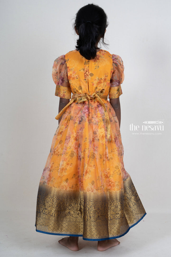 The Nesavu Kids Anarkali Yellow Floral Organza Hand Embroidery Silk Cotton Anarkali For Girls psr silks Nesavu