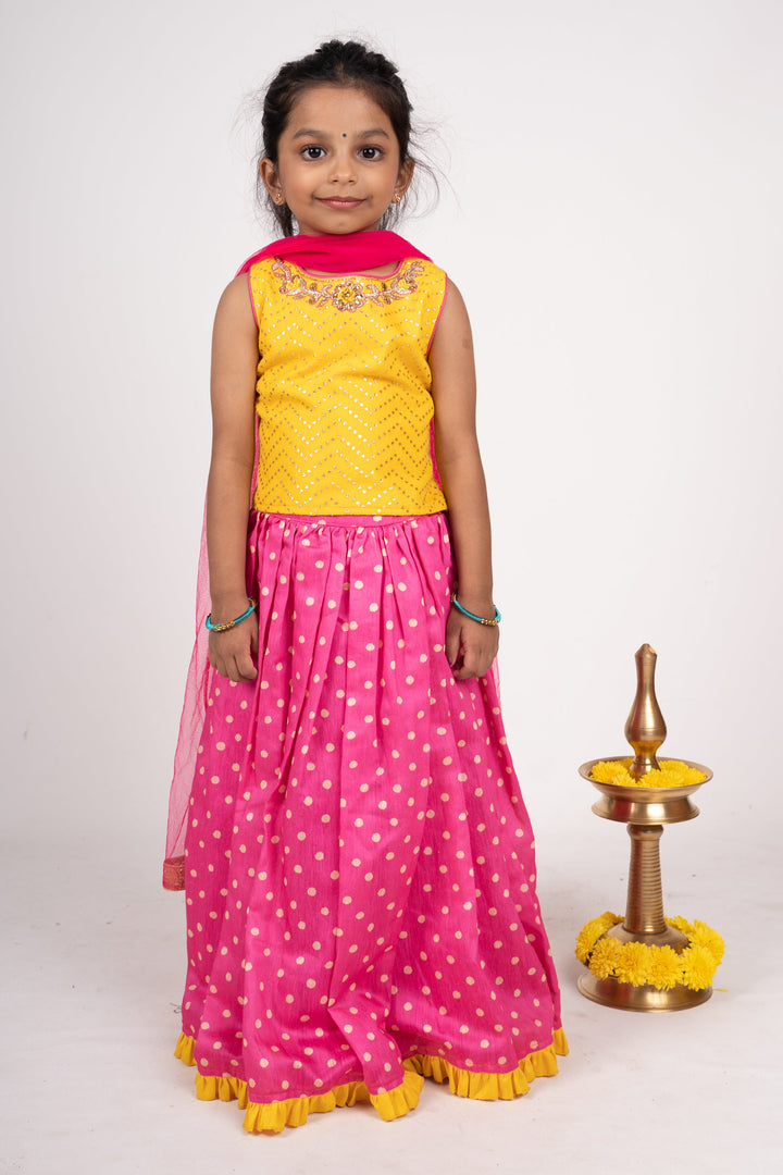 The Nesavu Lehenga & Ghagra Yellow Floral Printed Skirt With Sky Blue Designer Top psr silks Nesavu 16 (1Y) / Deeppink GL110