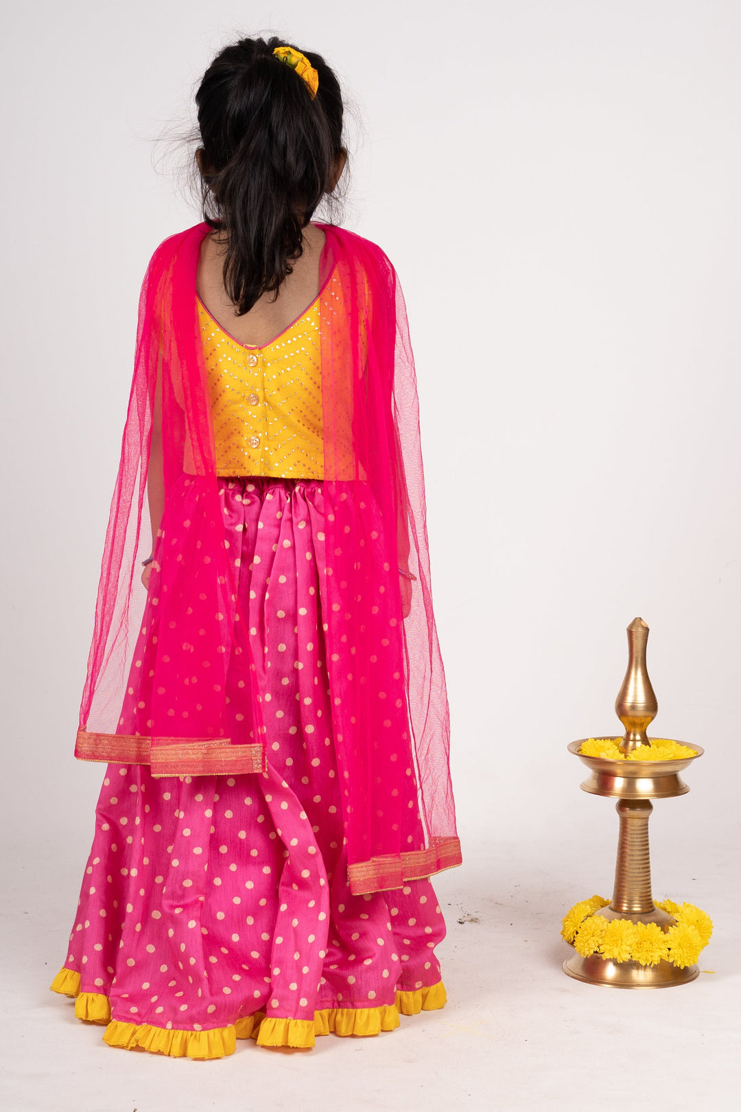 The Nesavu Lehenga & Ghagra Yellow Floral Printed Skirt With Sky Blue Designer Top psr silks Nesavu