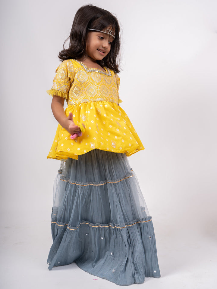 The Nesavu Lehenga & Ghagra Yellow Jacquard Banarasi Blouse With Grey Lehenga For girls psr silks Nesavu
