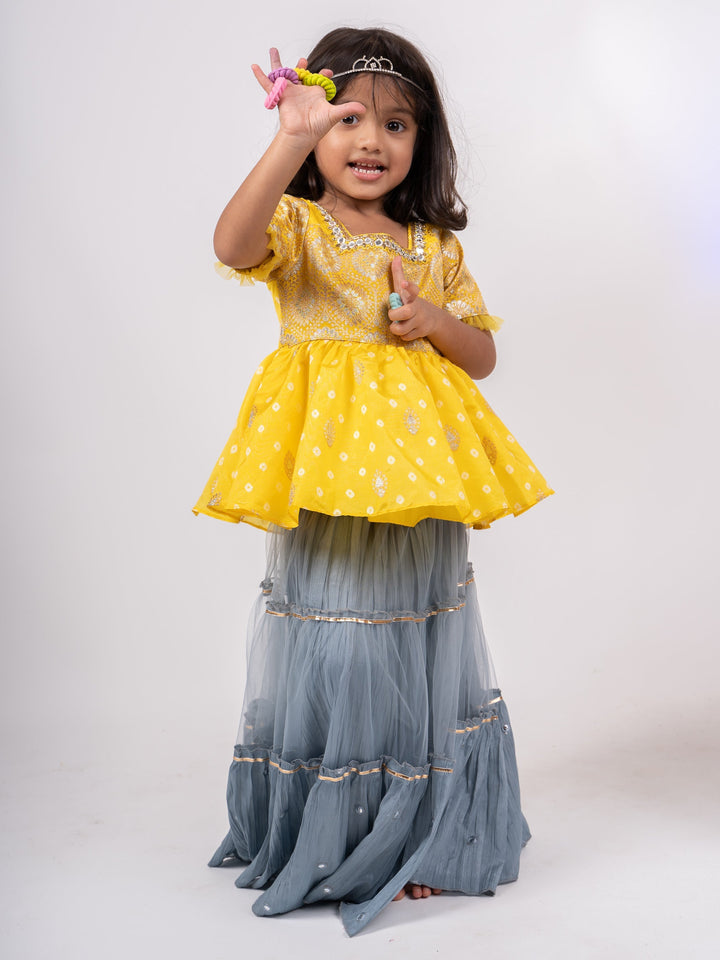 The Nesavu Lehenga & Ghagra Yellow Jacquard Banarasi Blouse With Grey Lehenga For girls psr silks Nesavu