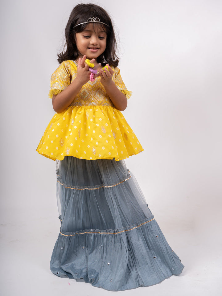 The Nesavu Lehenga & Ghagra Yellow Jacquard Banarasi Blouse With Grey Lehenga For girls psr silks Nesavu