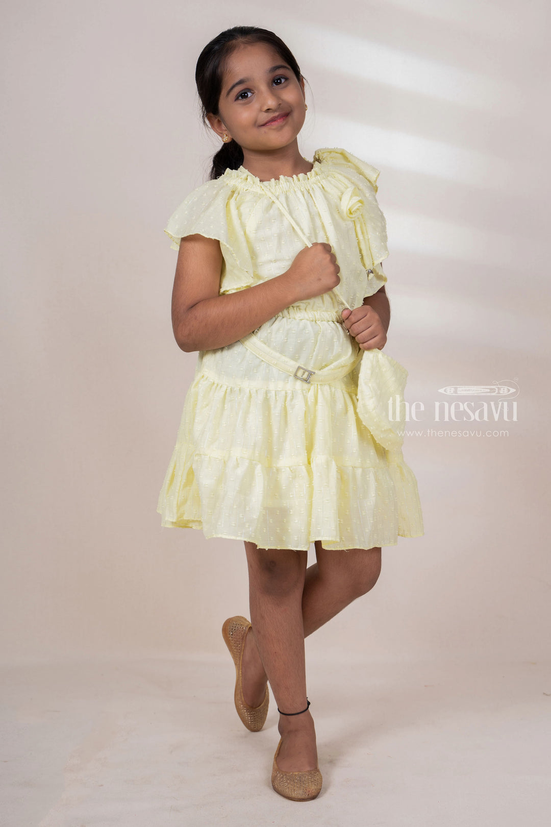 The Nesavu Frocks & Dresses Yellow Off-Shoulder Designed Soft Cotton Frock For Baby Girls With Matching Bag psr silks Nesavu 22 (4Y) / yellow GFC913A