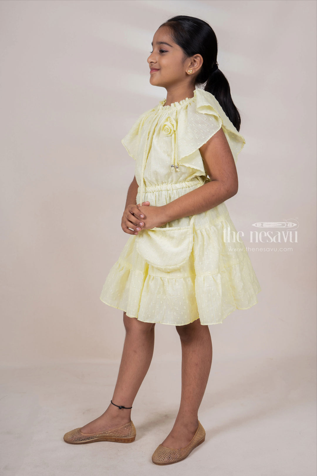 The Nesavu Frocks & Dresses Yellow Off-Shoulder Designed Soft Cotton Frock For Baby Girls With Matching Bag psr silks Nesavu