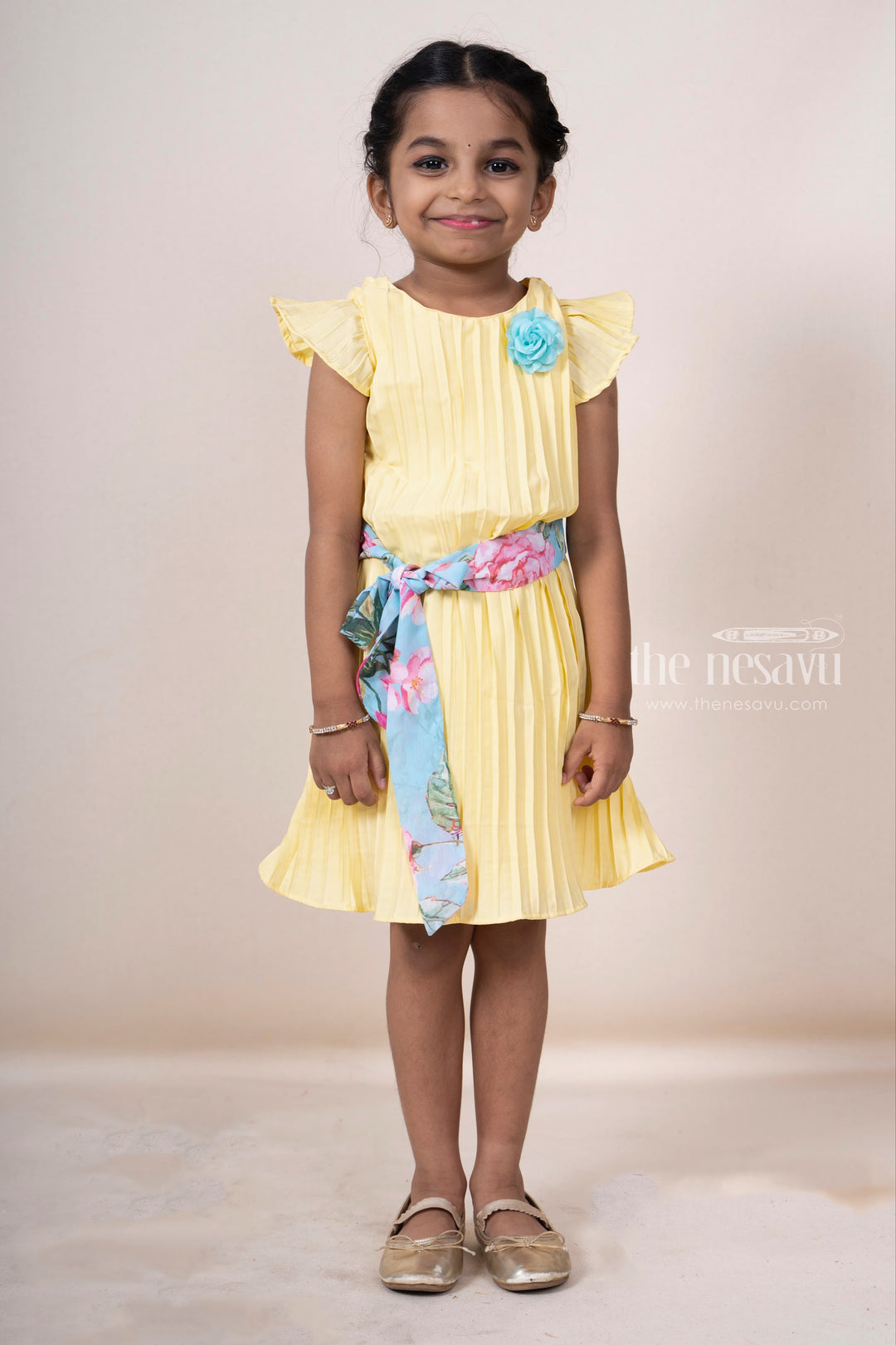 The Nesavu Frocks & Dresses Yellow Pleated Semi Crepe Cotton Gown For Baby Girls psr silks Nesavu 16 (1Y) / yellow GFC895