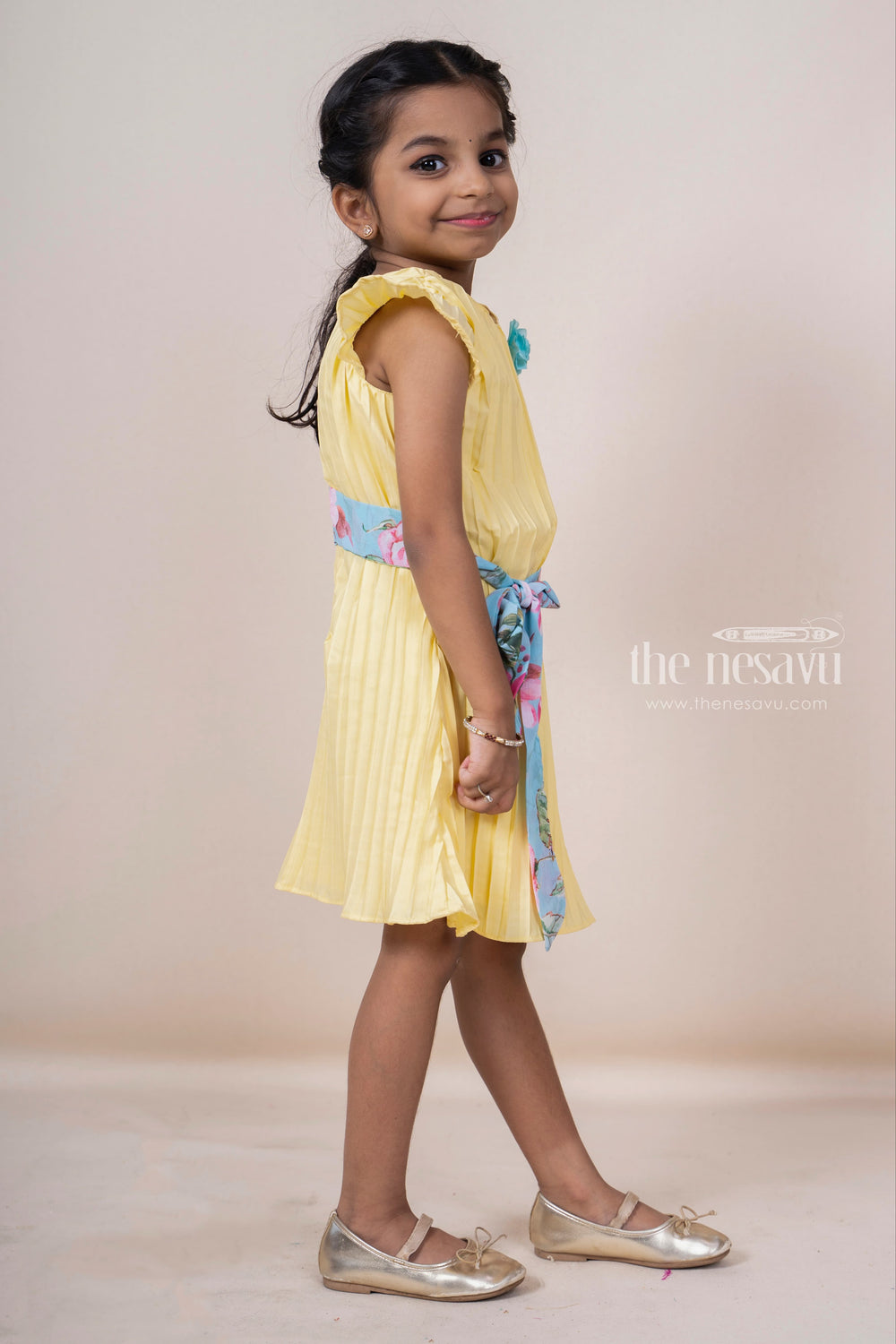 The Nesavu Frocks & Dresses Yellow Pleated Semi Crepe Cotton Gown For Baby Girls psr silks Nesavu