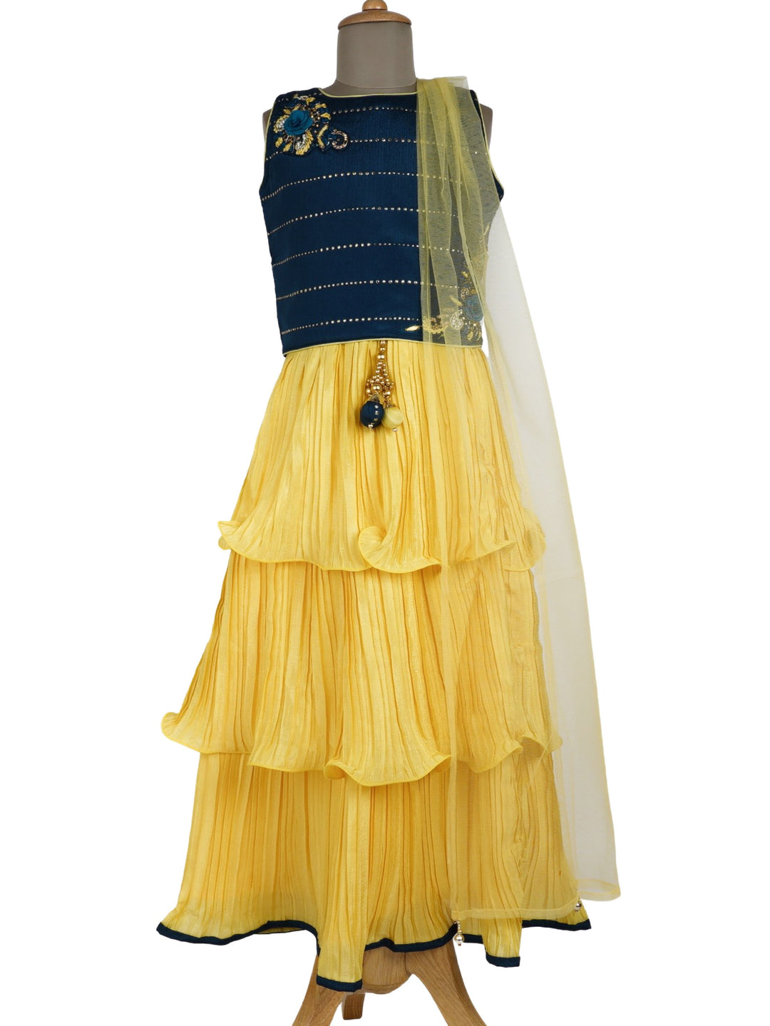 The Nesavu Lehenga & Ghagra Yellow Ruffled Skirt With Midnight Blue Fancy Crop Top psr silks Nesavu 16 (1Y-2Y) / Gold GL136