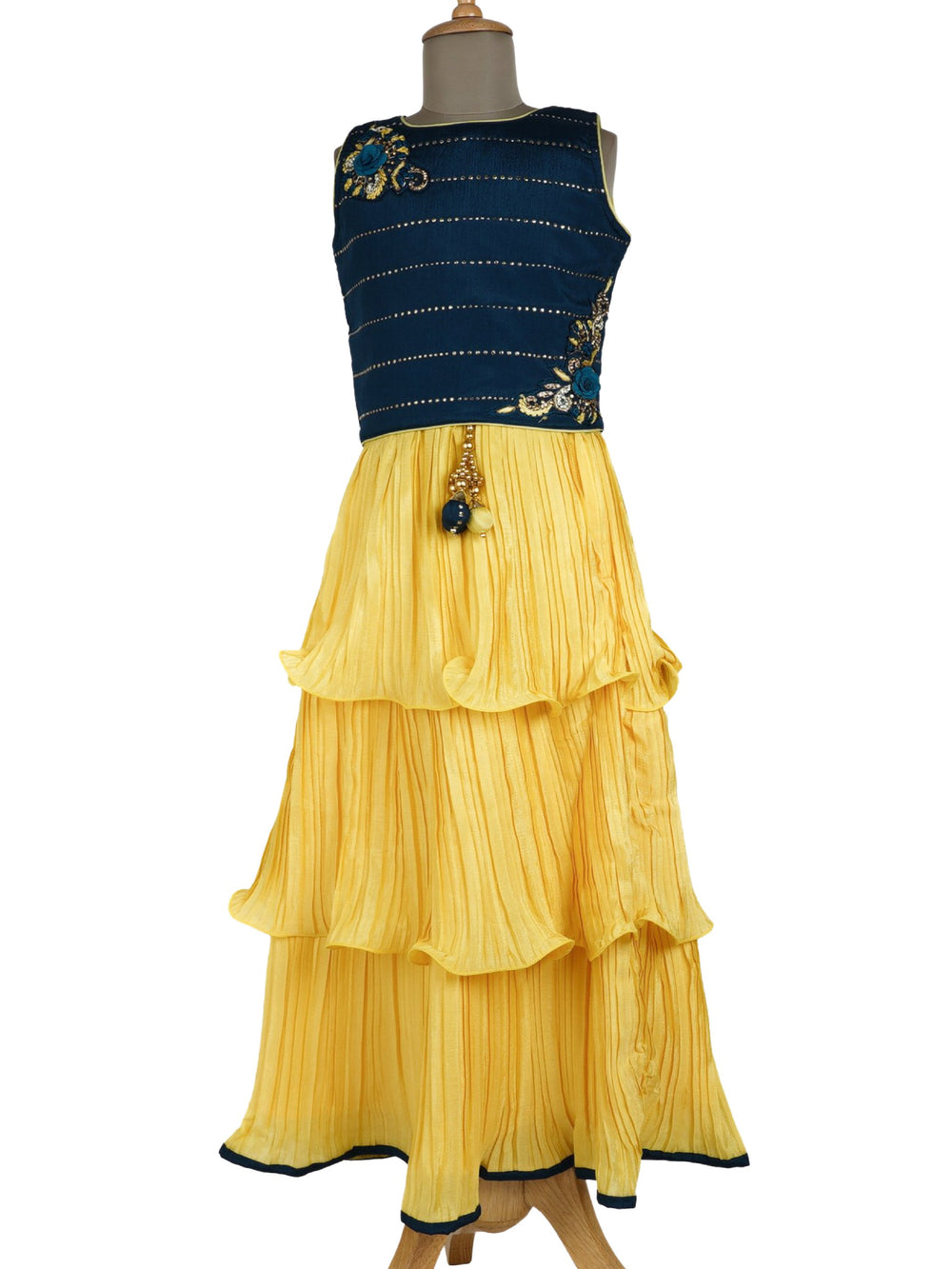 The Nesavu Lehenga & Ghagra Yellow Ruffled Skirt With Midnight Blue Fancy Crop Top psr silks Nesavu