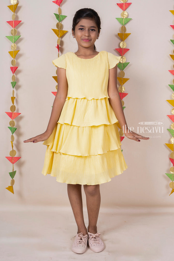 The Nesavu Frocks & Dresses Yellow Semi-Crushed Crepe Designer Cotton Gown For Girls psr silks Nesavu 16 (1Y) / yellow GFC894