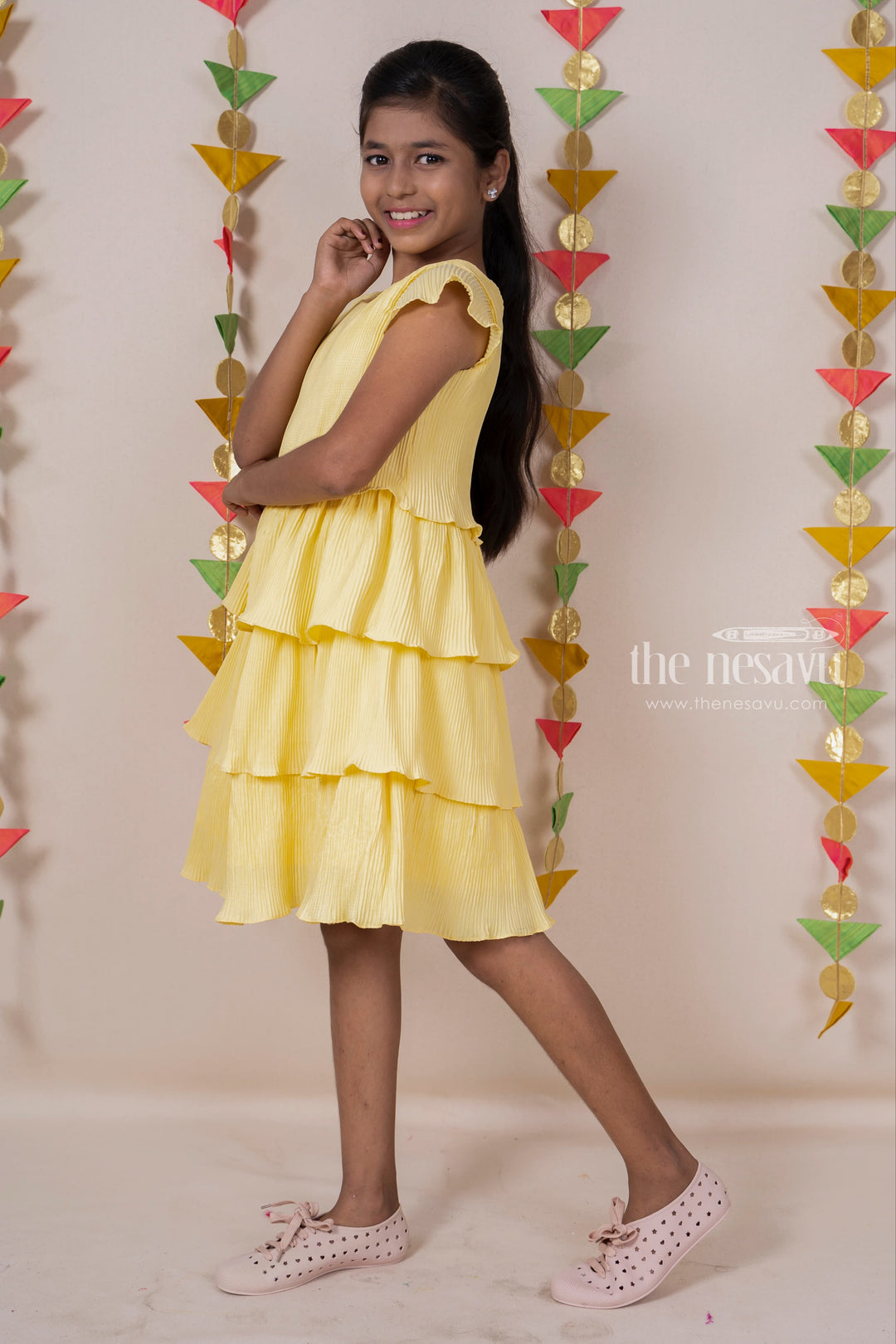 The Nesavu Frocks & Dresses Yellow Semi-Crushed Crepe Designer Cotton Gown For Girls psr silks Nesavu