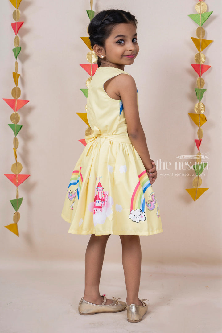 The Nesavu Baby Frock / Jhabla Yellow Soft Cotton Unicorn Print Sleeveless Frock For New Born Baby Girls psr silks Nesavu