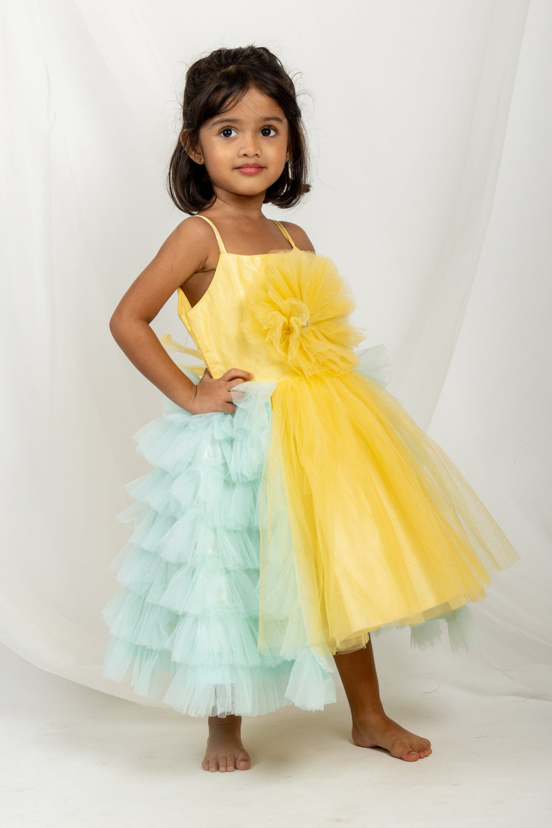 The Nesavu Party Frock Yellow With Blue Party Wear Soft Net Cotton Gown For Baby Girls psr silks Nesavu 14 (6M) / yellow PF43